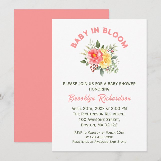Convites Bebê Em Flores Florais De Sangue Chá de fraldas Bo (Frente/Verso)