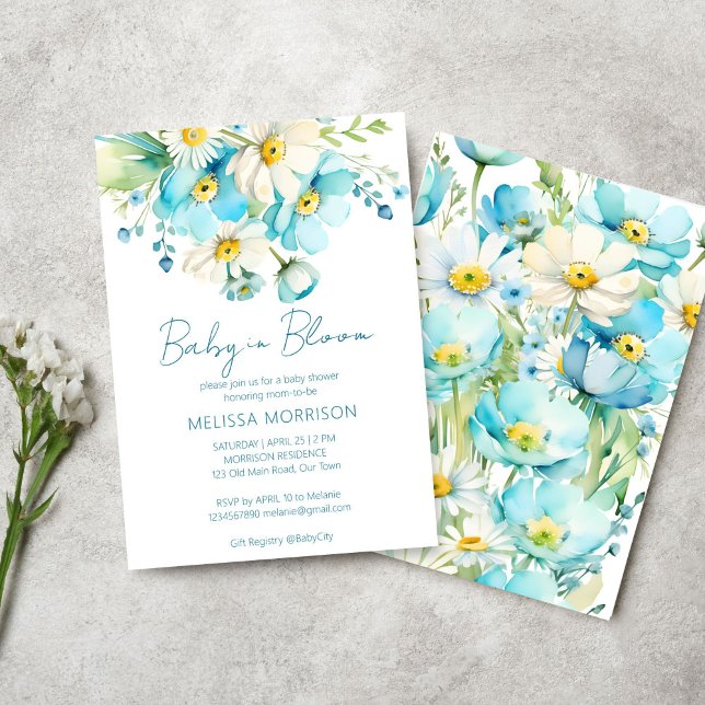 Convites Bebê em primavera de flores chá de fraldas de verã (Baby in bloom spring summer flowers baby shower template invitation digital download blue daisies)