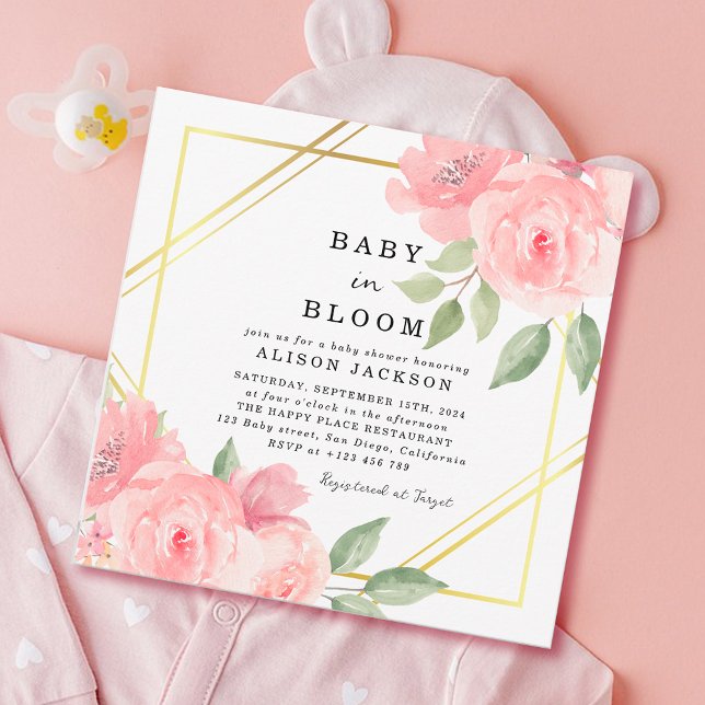 Convites Bebê em Sangue Blush Dourado Chá de fraldas Floral (Baby in Bloom Baby Shower Invitation)