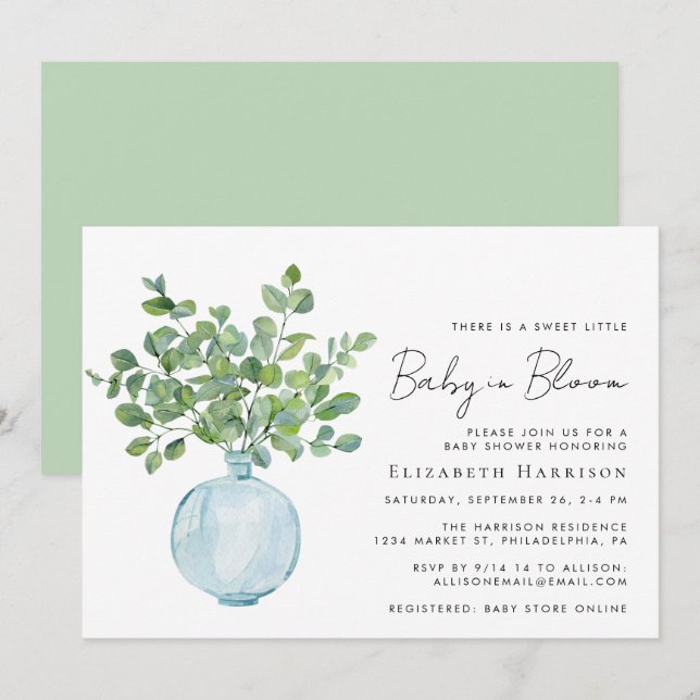 Convites Bebê em Sangue Eucalyptus Watercolor Chá (Frente/Verso)