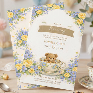 Convites Bebê está Cozinhando Urso Floral Azul Amarelo Capr