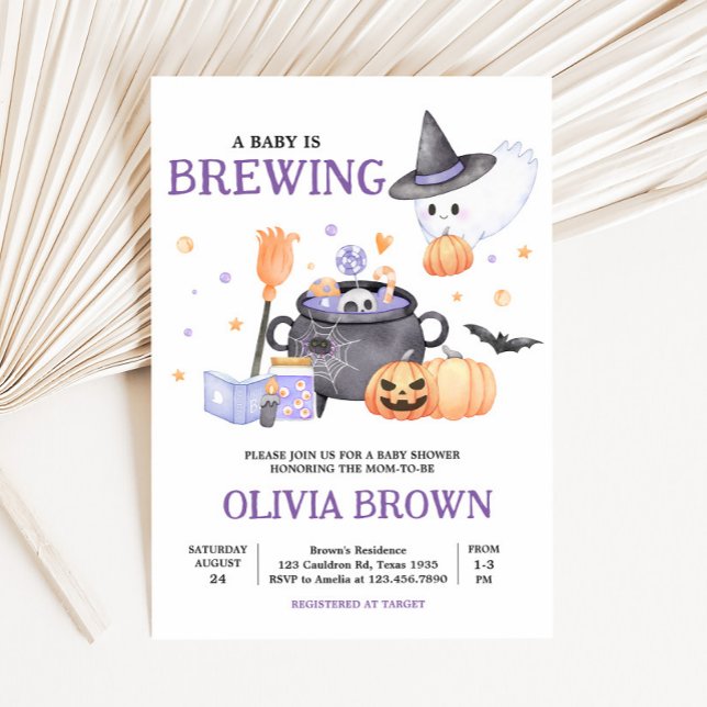 Convites Bebê está criando Chá de fraldas de Halloween Roxo (Baby is Brewing Invitation)