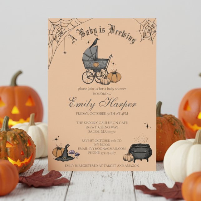 Convites Bebê está criando laranja Gênero Chá de fraldas ne (Spooky October Baby Shower Invitations. Orange Baby is Brewing Victorian Baby Carriage Black Raven)