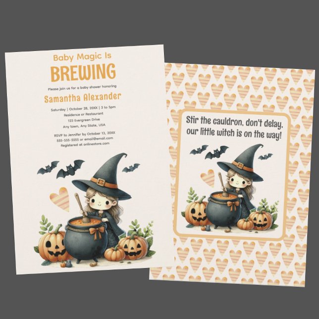 Convites Bebê está criando o chá de fraldas de Halloween (Baby Magic is Brewing Halloween baby shower invitation. Cute witch stirring cauldron. Halloween poem)