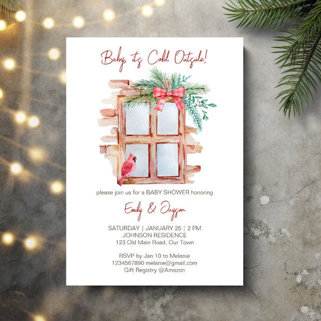 Convites Bebê, está frio fora do pastel do bebê do inverno (Baby it's cold outside winter baby pastel invitation cards template frosty window red bow pines bird)