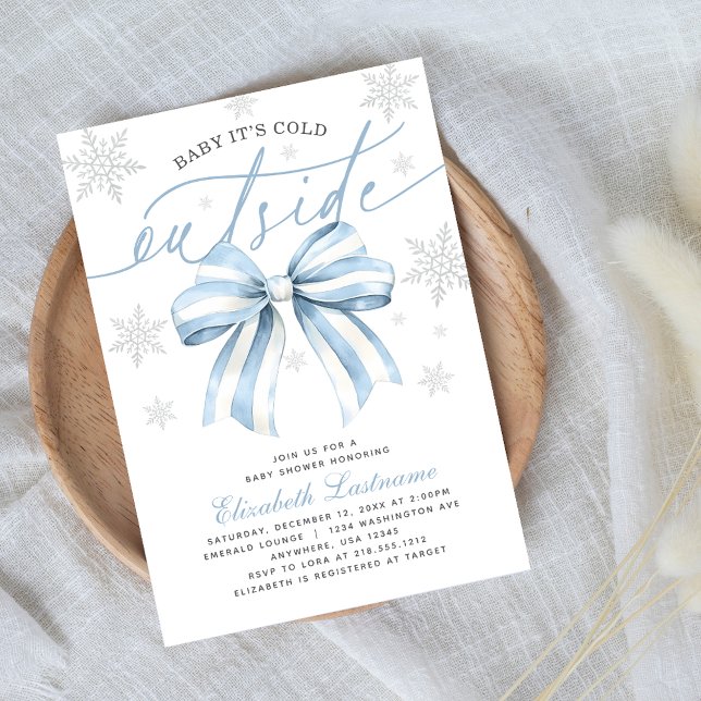 Convites Bebê Está Frio Lá Fora Arco Azul de Inverno Chás d (Celebrate in winter style with our Pink Bow “Baby It’s Cold Outside” Baby Shower Invitation.)