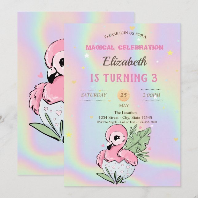 Convites Bebê Flamingo, Aniversário Holográfico (Frente/Verso)