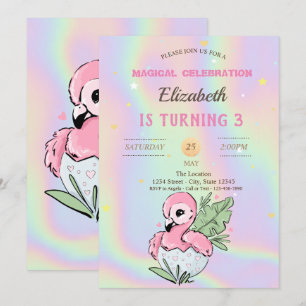Convites Bebê Flamingo, Aniversário Holográfico