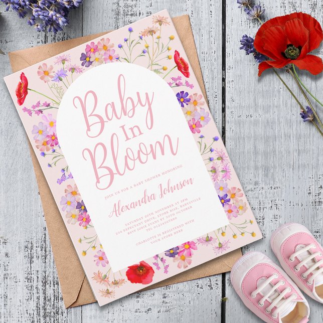 Convites Bebê flor silvestre em flor Chá de Bebê Menina (Boho chic wildflower girl baby shower invitation )