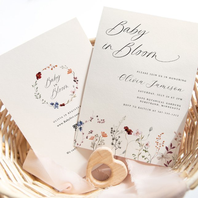 Convites Bebê Flor Silvestre em Flor Floral Chás de Bebê (Boho Wildflower Baby Shower Invitation with Registry)