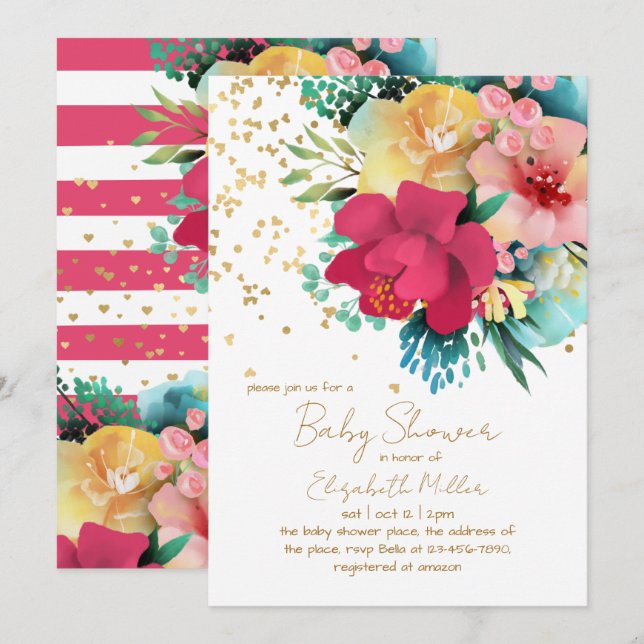 Convites Bebê Floral Estonteante Em Chá de fraldas De Sangu (Frente/Verso)