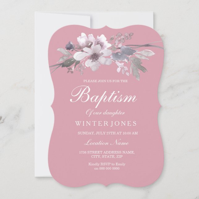 Convites Bebê Floral Rosa Dusty Baptism Christening (Frente)