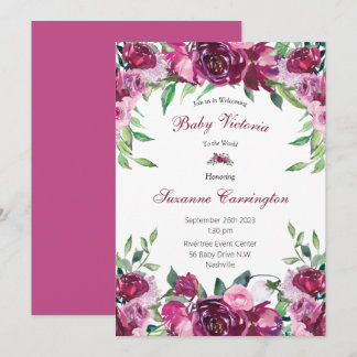 Convites Bebê Floral Rosa Elegante Bebê Escuro Bebê