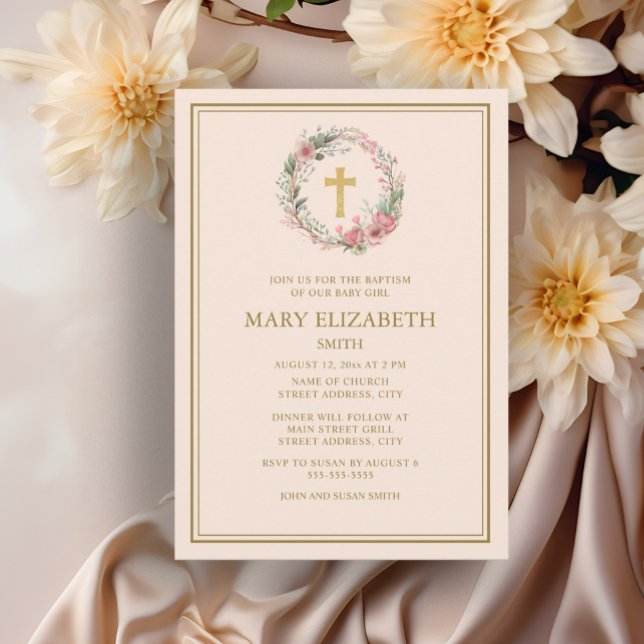Convites Bebê Floral Rosa Rosa Elegante Dourada Elegante Ba (Elegant floral wreath and cross baptism invitation)