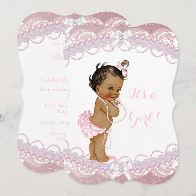 Convites Bebê Fofa Chuveiro Menina Pérolas Rosa Renda Étnic (Frente/Verso)
