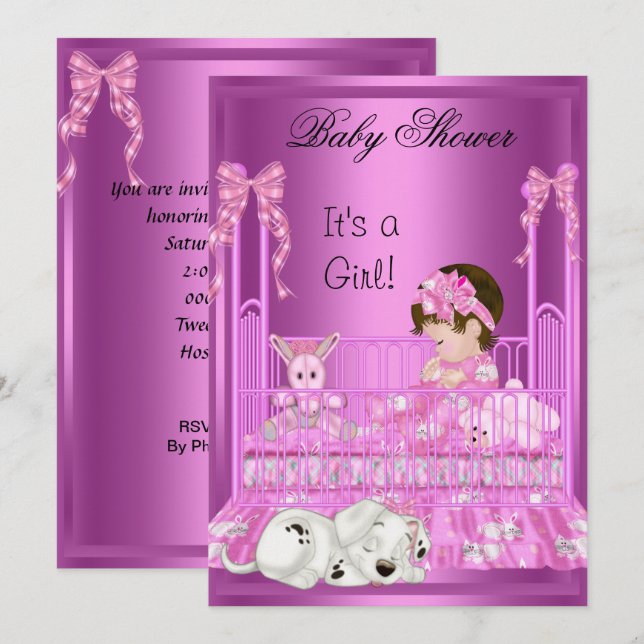 Convites Bebê Fofa Chuveiro Menina Rosa Berço Cachorrinho B (Frente/Verso)
