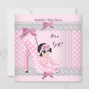 Convites Bebê Fofa Chuveiro Menina Rosa Bolinhas Salto Alto