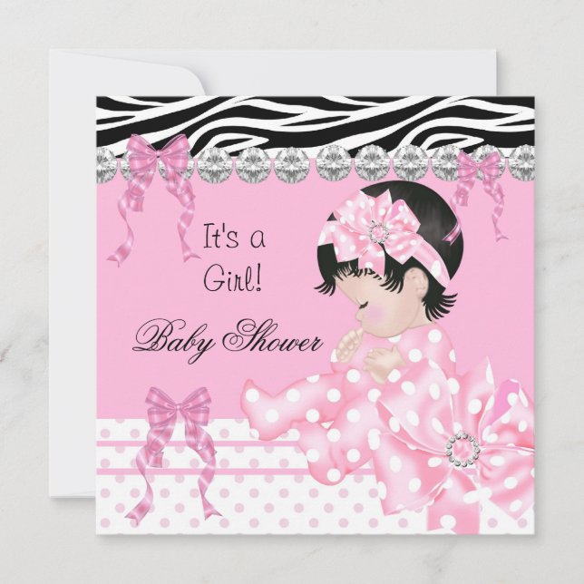 Convites Bebê Fofa Chuveiro Menina Rosa Zebra Bolinhas 5 (Frente)