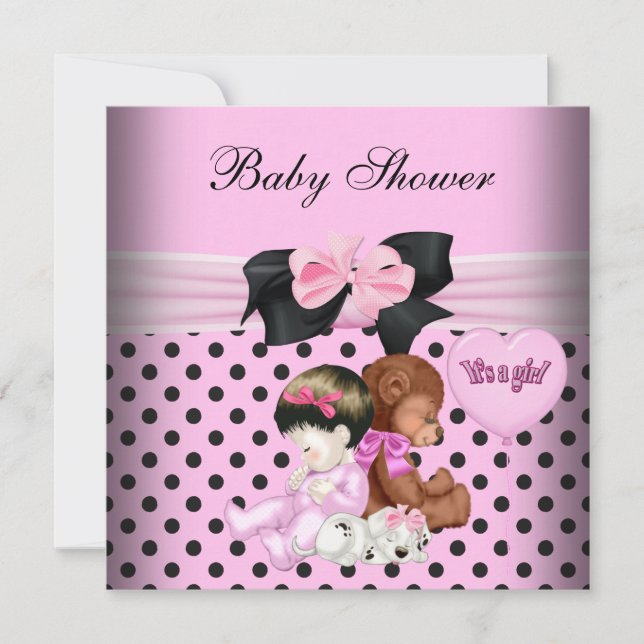 Convites Bebê Fofa Menina Chuvinha de Amor Rosa Preto Bolin (Frente)
