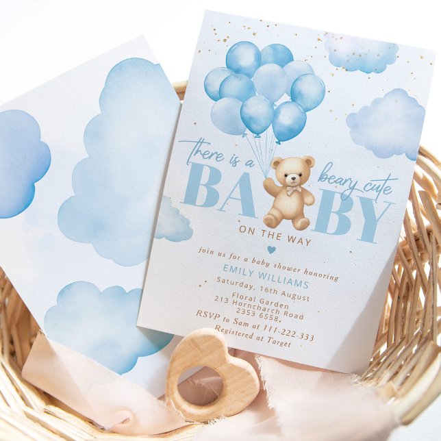 Convites Bebê fofo a caminho balão de urso de pelúcia azul (Criador carregado)