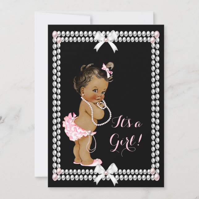 Convites Bebê Fofo Chuveiro Menina Pérolas Rosa Preto Étnic (Frente)