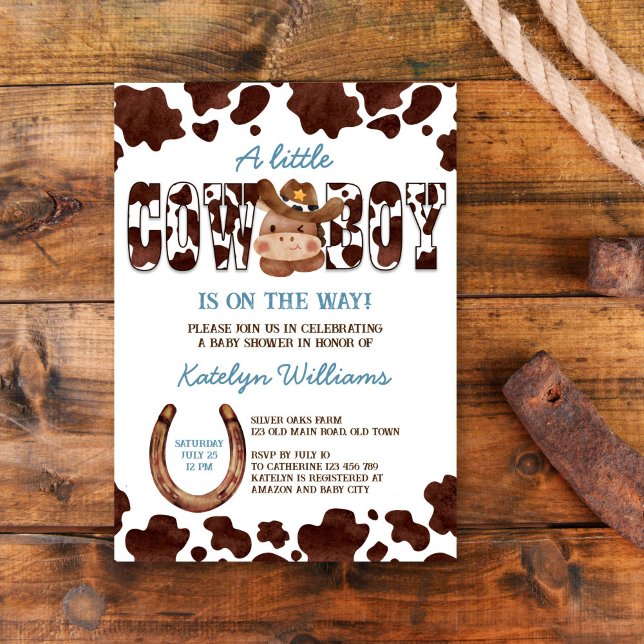 Convites Bebê fofo cowboy chá de fraldas oeste (Cowboy cute baby horse blue brown cow pattern ranch western baby shower invitation template download)