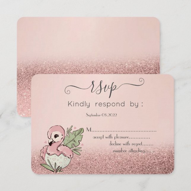 Convites Bebê Fofo Flamingo Rosa Dourado Brilho RSVP (Frente/Verso)