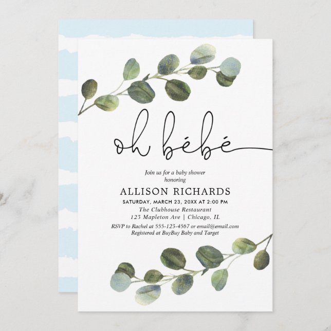 Convites Bebe francês tema azul preto branco bebê (Frente/Verso)