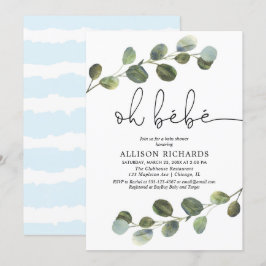 Convites Bebe francês tema azul preto branco bebê