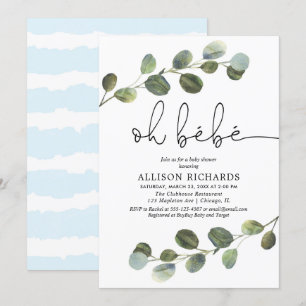 Convites Bebe francês tema azul preto branco bebê