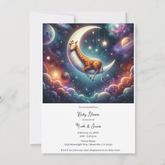 Convites Bebê Girafa Celestial Dormindo na Lua e Estrelas (Frente)
