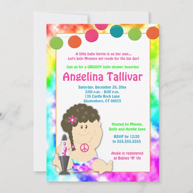 Convites Bebê Hippie 60s 70s Chá de fraldas Groovy (Raparig (Frente)