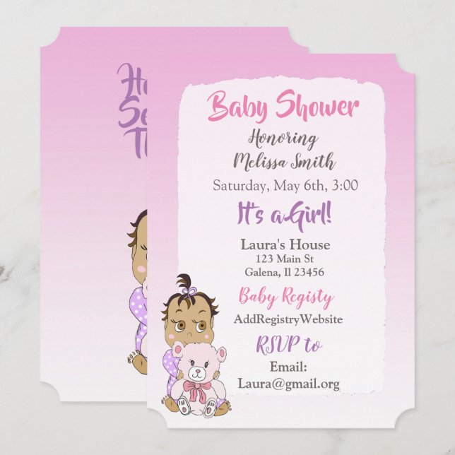 Convites Bebê hispânica menina com ursinho de pelúcia showi (Frente/Verso)