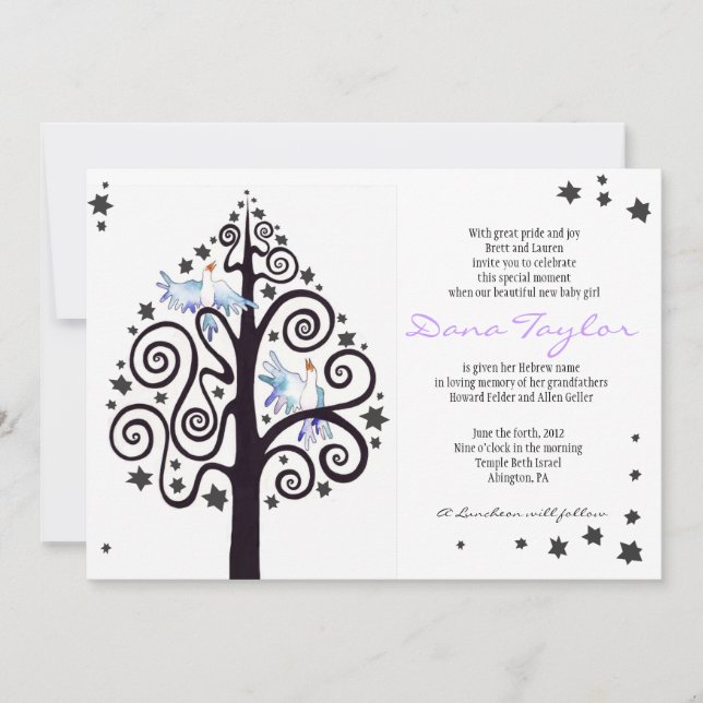 Convites Bebê judaico da árvore da estrela que nomeia o (Frente)
