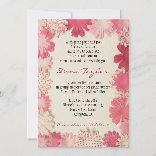 Convites Bebê judaico das flores de papel que nomeia o (Frente)