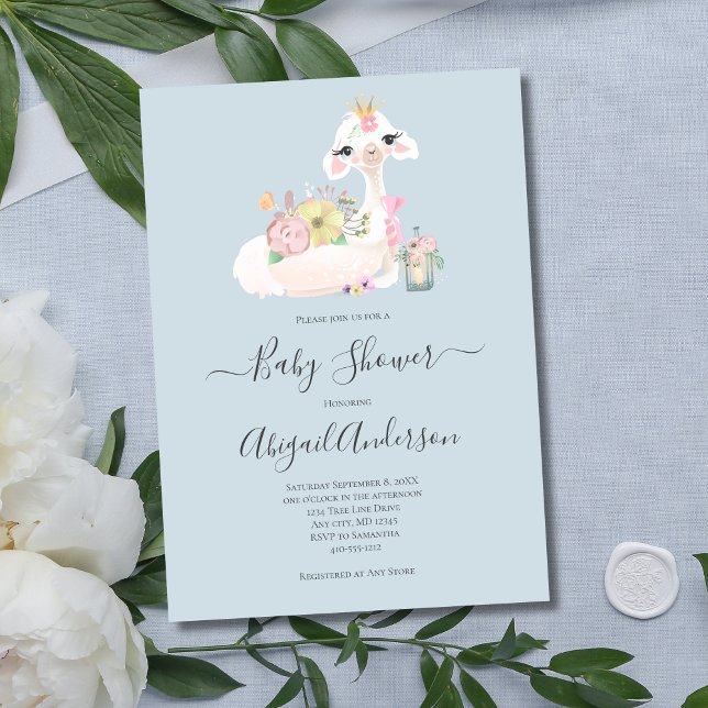 Convites Bebê Lhama Flores Branco Azul Chã de Bebê (Blue White Baby Boy Llama Baby Shower Invitation)