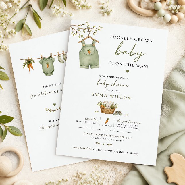 Convites Bebê Localmente Cultivado Bunny Rústico Editável (Locally Grown Baby Rustic Bunny Editable Invitation)
