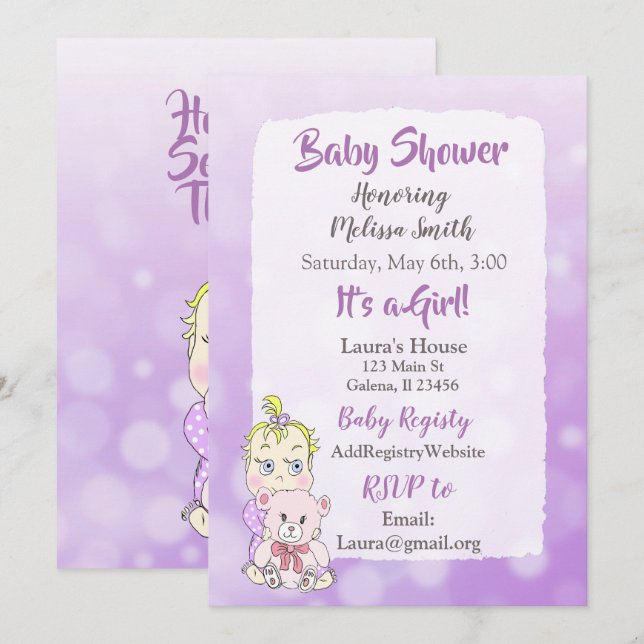 Convites Bebê Loura com Urso de Pelúcia Bebê showier (Frente/Verso)