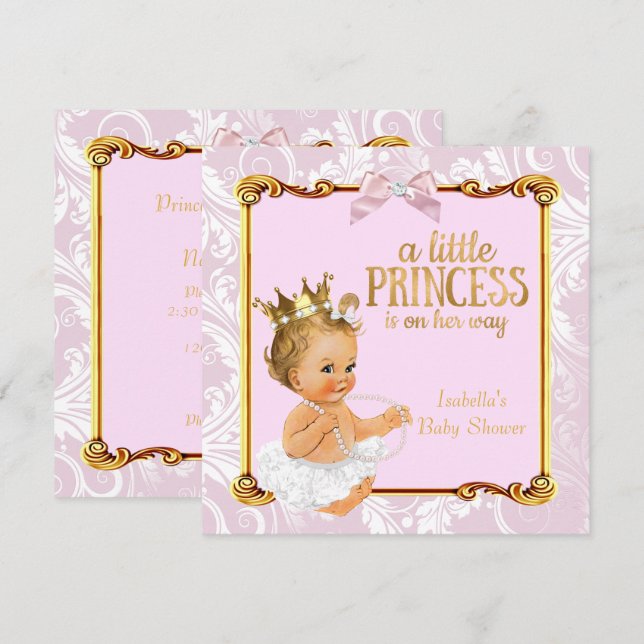 Convites Bebê Loura Princesa Chás de Bebê Branco Rosa Doura (Frente/Verso)