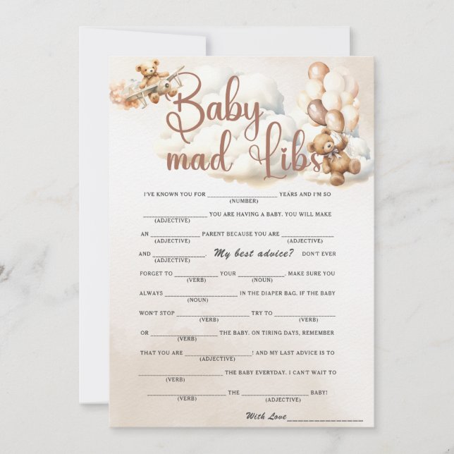 Convites BEBÊ MAD LIBS Jogo para Chá de Bebê Urso Fofo (Frente)
