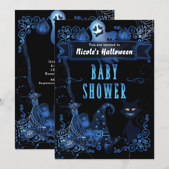 Convites Bebê Mágico de Halloween Chuveiro de Gato Luzes Az (Frente/Verso)