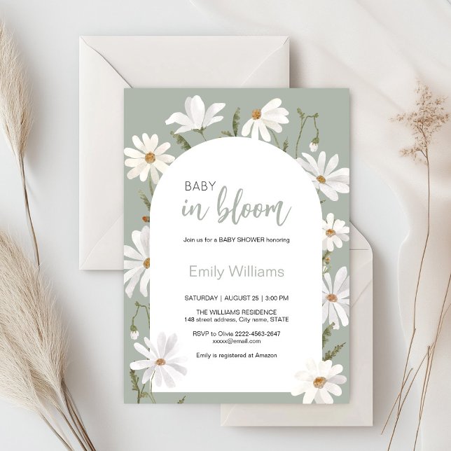 Convites Bebê margarida com aquarelas no chá de fraldas flo (Daisy wildflower watercolor baby in bloom floral shower invitation in sage colors, rustic, boho)