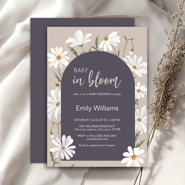 Convites Bebê margarida com aquarelas no chá de fraldas flo (Daisy wildflower watercolor baby in bloom floral shower invitation in beige colors, rustic, boho)