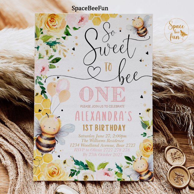 Convites Bebê Mel Aniversário convidando Menina Tão Doce de (Bee Honey Birthday invitatiin Girl So Sweet to Bee invites Bee Honey Party Pink One birthday invite )