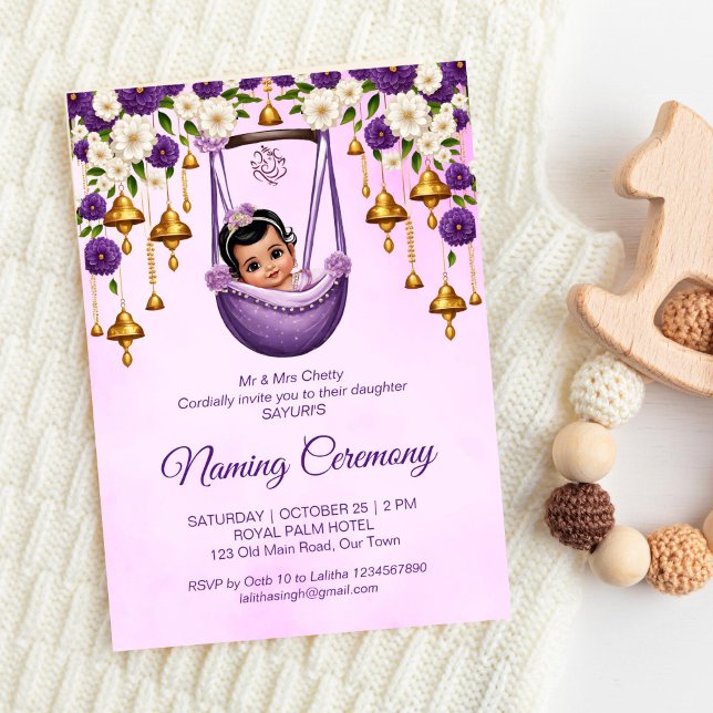 Convites Bebê Mencionando Namkaran Cradle Ceremony Puro (Baby Girl Naming Namkaran Cradle Ceremony purple Invitation template instant download cute girl sari)