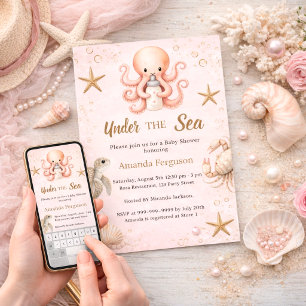 Convites Bebê menina animais marinhos rosa Festa de revelaç