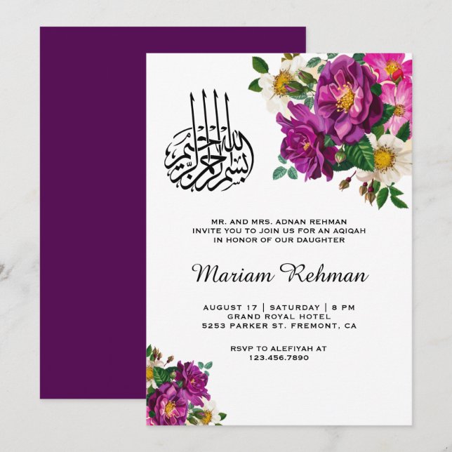 Convites Bebê Menina Aqiqah Floral Roxo Moderno (Frente/Verso)