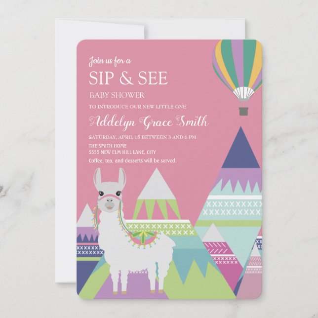Convites Bebê Menina Balão Alpaca Rosa Chá de Bebê (Frente)