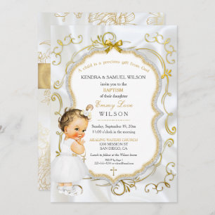 Convites Bebê Menina Batismo Christening Dourado Cross Glit