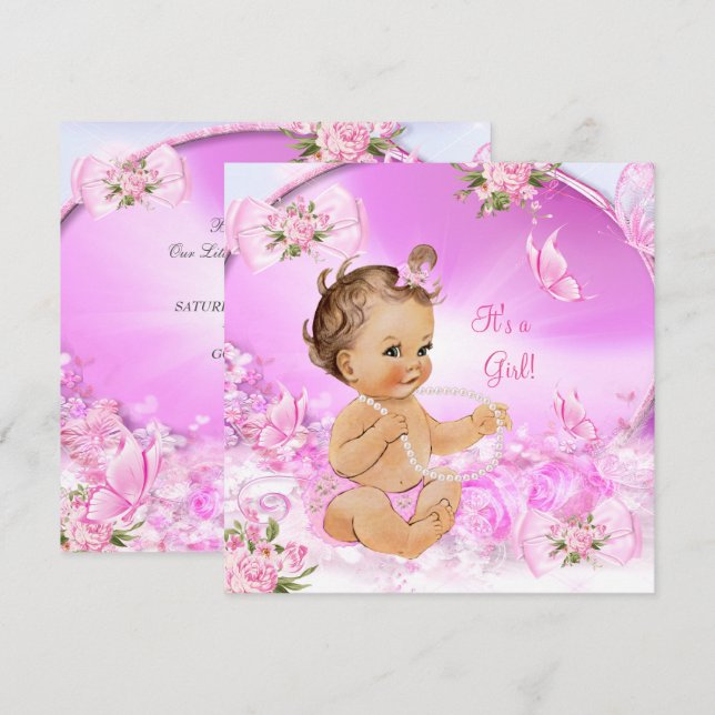 Convites Bebê Menina Chuvada de Bebê Borboleta Rosa Morena  (Frente/Verso)